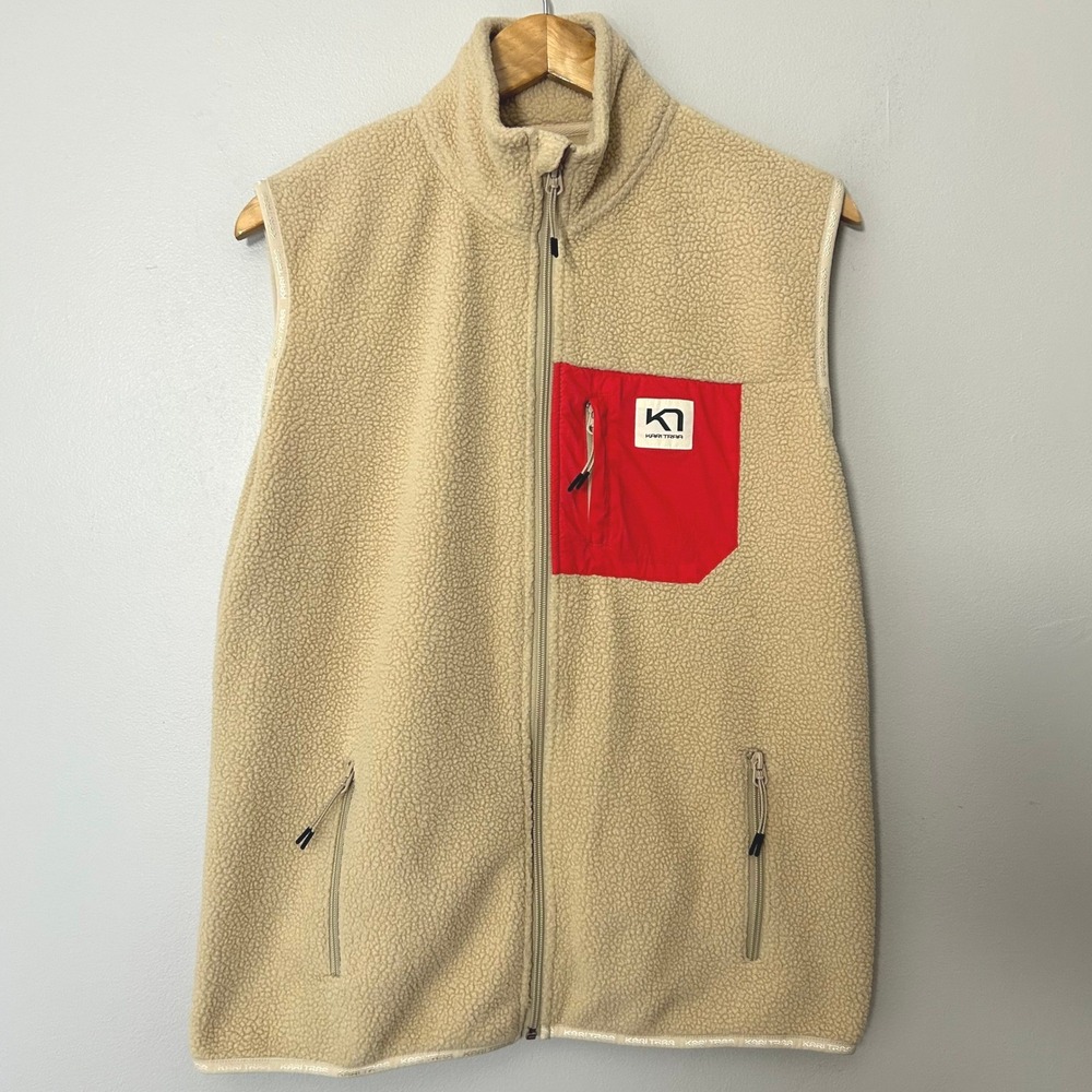 Kari Traa Fleece Vest Women XL Beige Sherpa Full Zip Outdoor Hiking Pocket